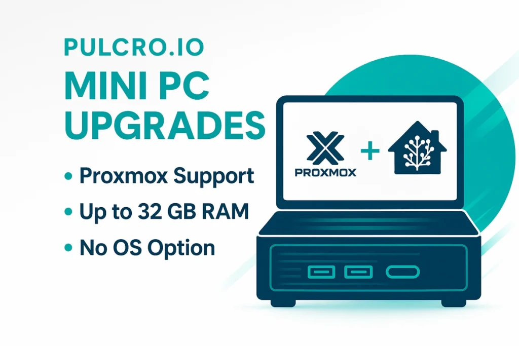 Pulcro.io Mini PC upgrades banner highlighting Proxmox support, up to 32GB RAM, and a no operating system option.