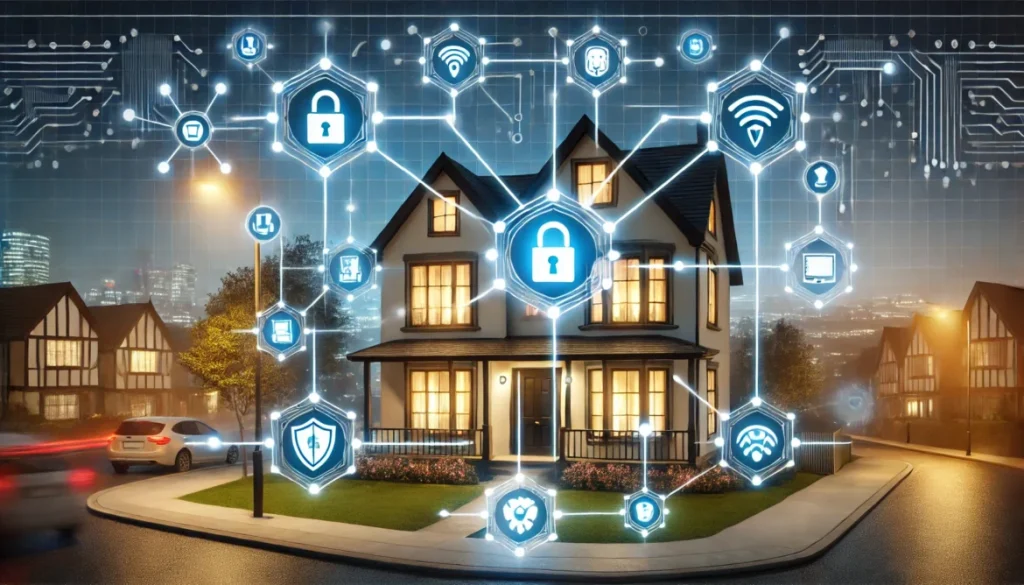 Modern smart home at night with illuminated windows and digital security icons representing Wi-Fi, sensors, and data protection.