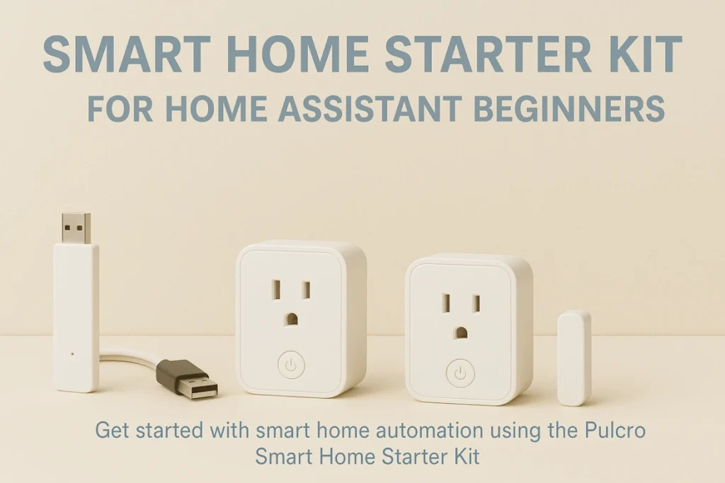 Pulcro Smart Home Starter Kit for Home Assistant beginners featuring two smart plugs, a Zigbee USB dongle, and a smart sensor.
