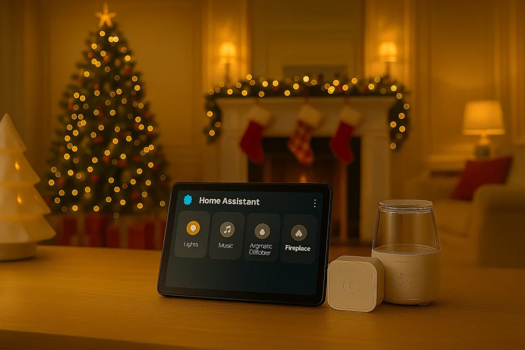 A cozy, upscale living room decorated for Christmas with a tablet running Home Assistant on a wooden table beside smart gadgets, a glowing fireplace, and a beautifully lit tree.