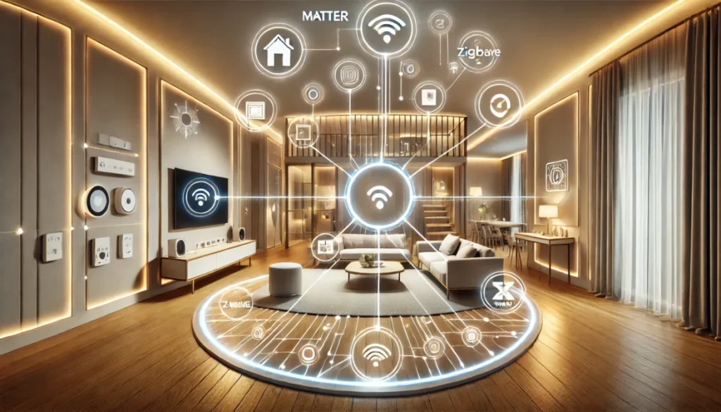 What Are Matter, Zigbee, and Z-Wave? Modern living room showcasing smart home automation with Matter, Zigbee, and Z-Wave technologies interconnected through Wi-Fi.