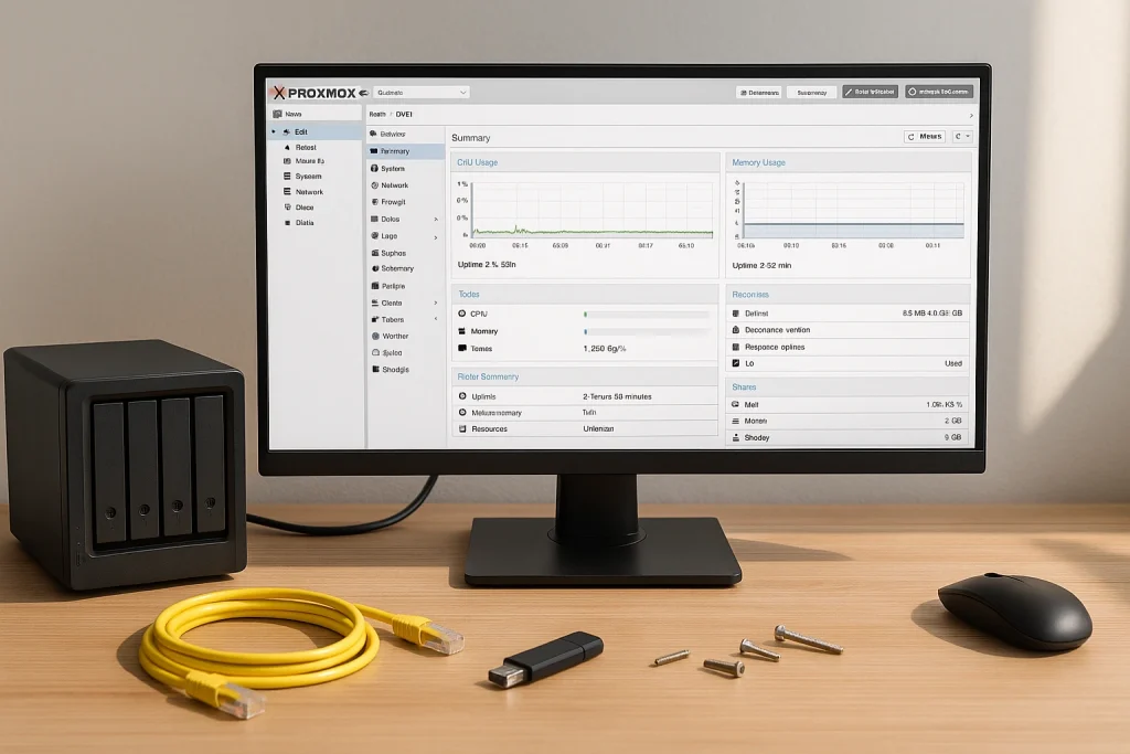Bright home lab workbench showing a monitor with the Proxmox dashboard, a NAS, Ethernet cables, USB drive, and small screws.