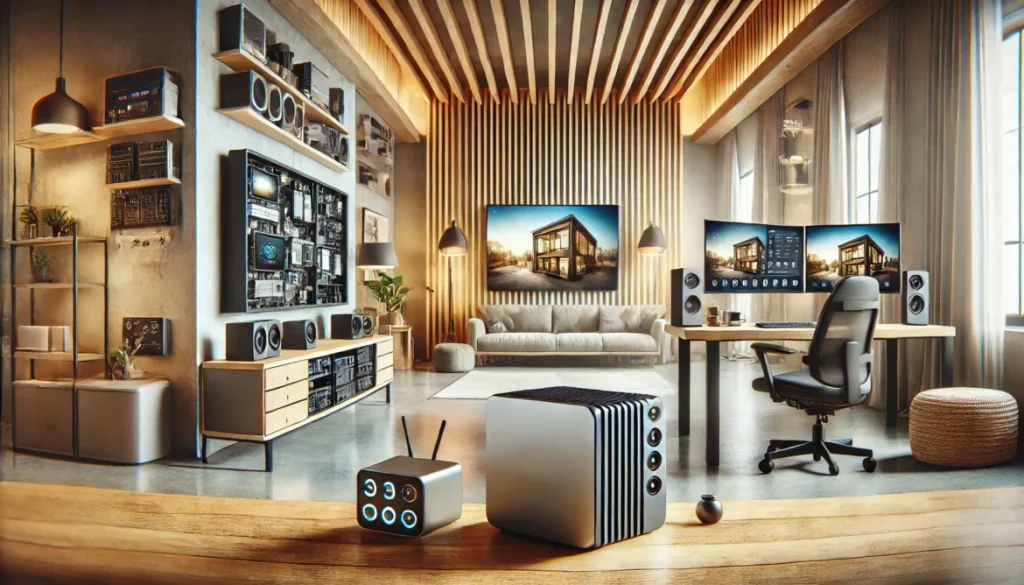 Modern smart home office and living space featuring Pulcro.io TurnKey Mini PCs, dual monitors, and a connected entertainment system.