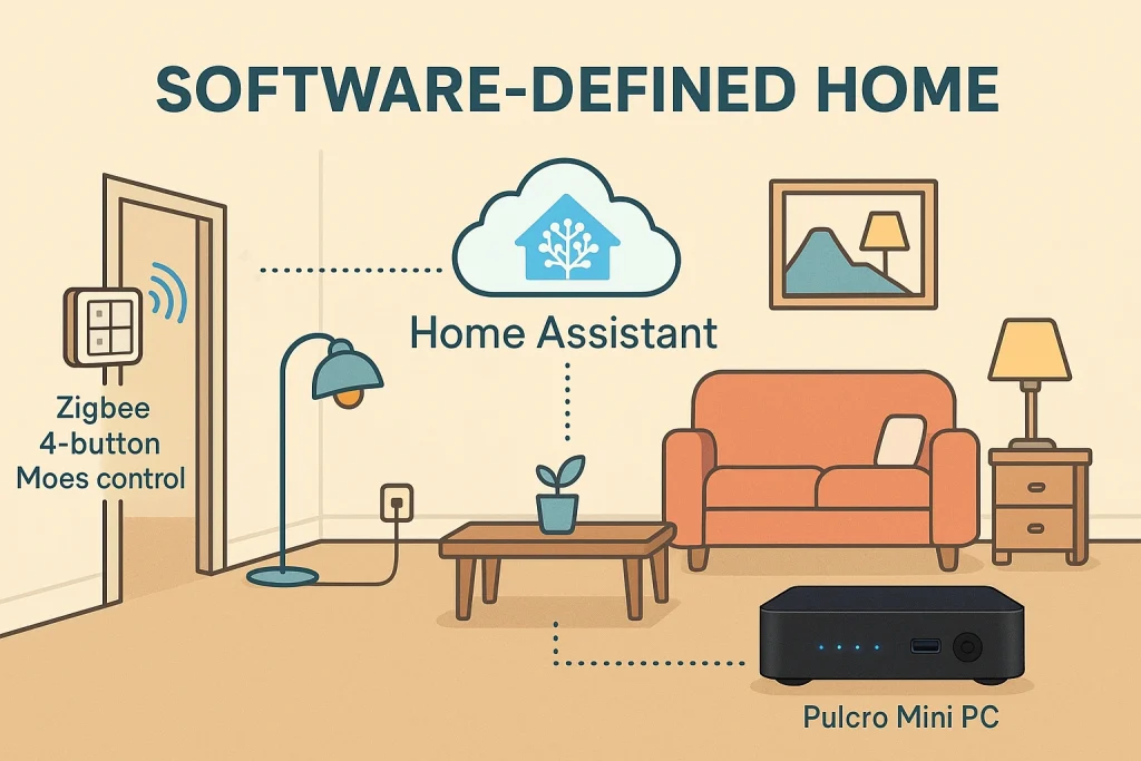 Illustration of a living room setup showing a Zigbee Moes 4-button controller, smart lamp, and a Pulcro Mini PC connected to Home Assistant in a software-defined home layout.