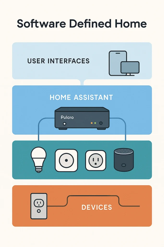 Diagram of a Software Defined Home showing user interfaces connected to a Pulcro Home Assistant hub, which links to smart devices like lights, sensors, plugs, and speakers.