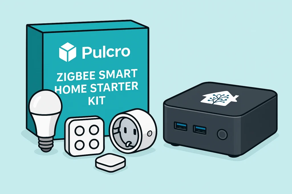 Illustration of the Pulcro Zigbee Smart Home Starter Kit with a Home Assistant mini PC, smart bulb, Zigbee button, smart plug, and sensor arranged in front of the product box.