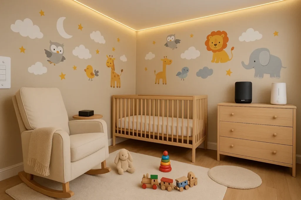 Modern smart nursery with a wooden crib, rocking chair, and Home Assistant devices on the dresser, automated using the Pulcro TurnKey Mini PC.