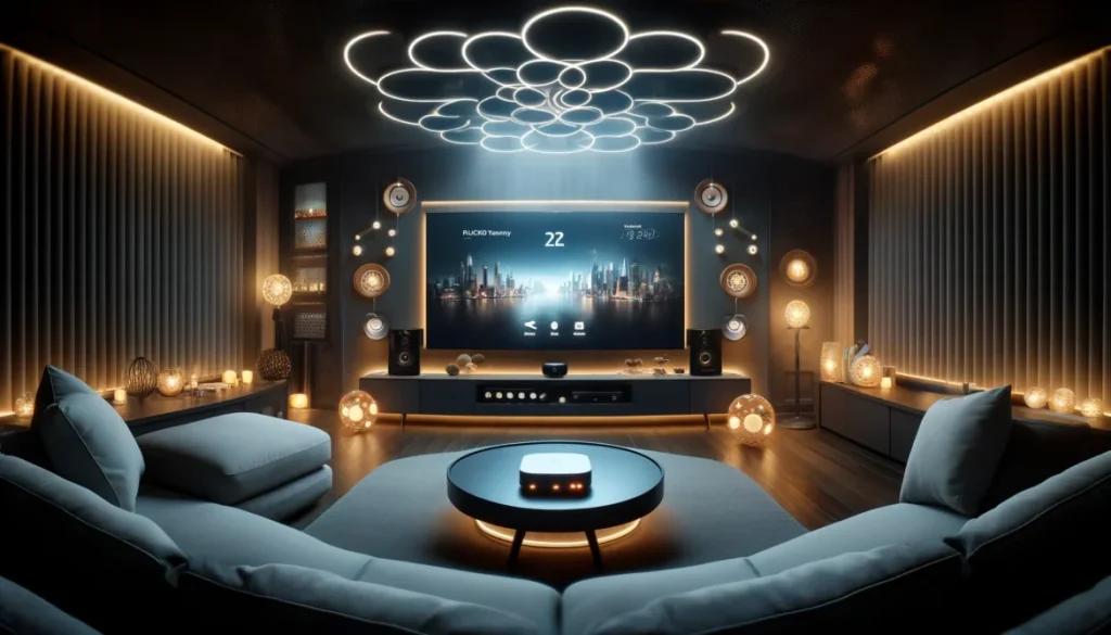 Smart living room with Pulcro.io TurnKey Mini PC powering a large 4K TV, ambient LED lighting, and surround sound speakers for home entertainment automation.