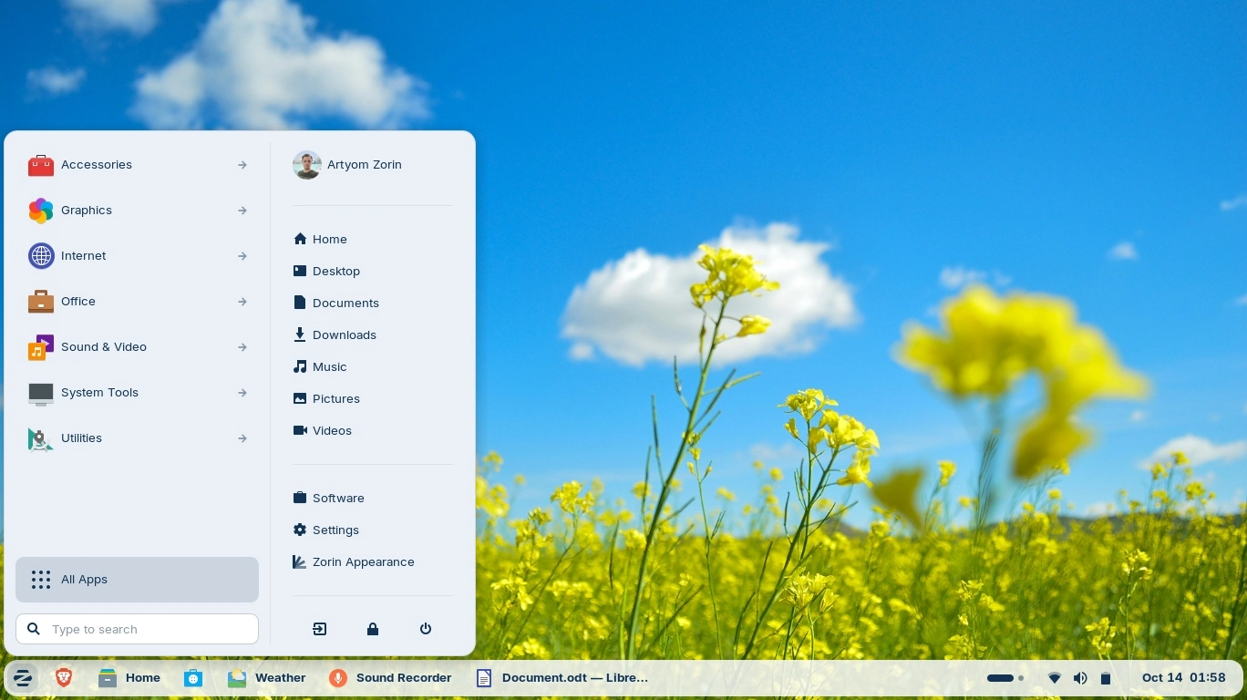 Familiar Zorin OS Desktop Layout Zorin OS Core desktop with familiar application menu, taskbar and open applications