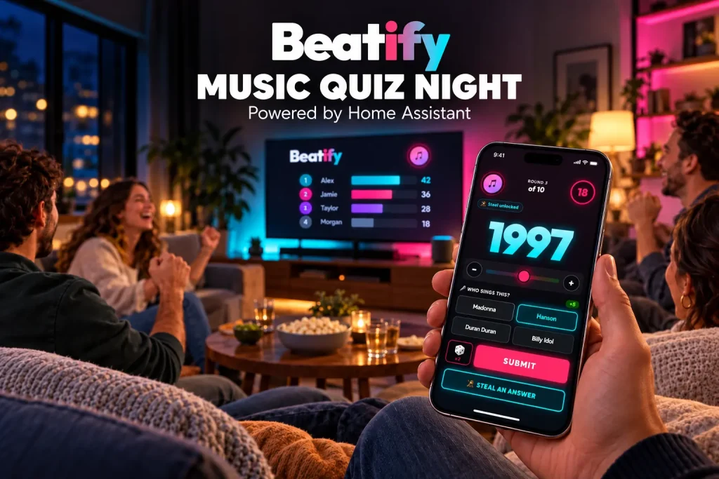 Friends playing Beatify, a Home Assistant music quiz, with a phone showing a year guess and a TV displaying scores.