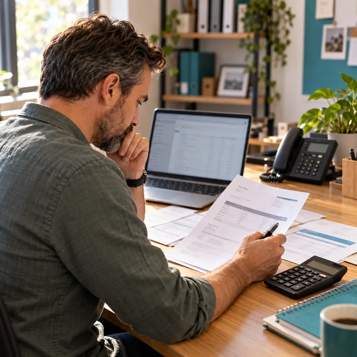 Business owner reviewing phone invoices with a calculator, laptop, and office desk phone.