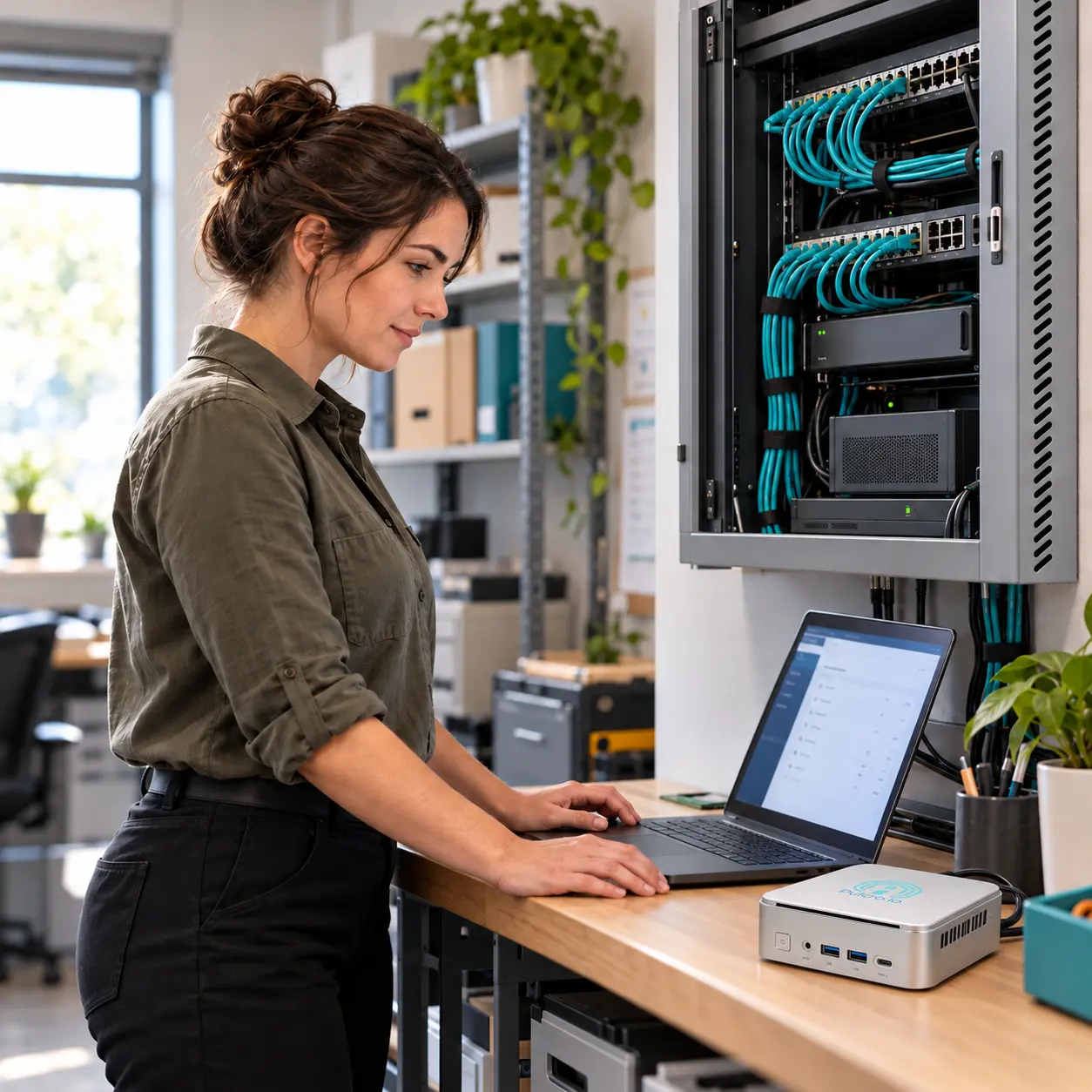 IT administrator using a laptop beside a silver TurnKey Node mini PC and a network cabinet.
