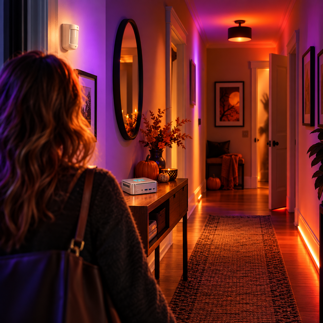 Motion-Activated Haunted Hallway with Home Assistant Woman entering an orange and purple-lit Halloween hallway with a wall-mounted motion sensor, TurnKey Node mini PC, and eerie doorway shadow.
