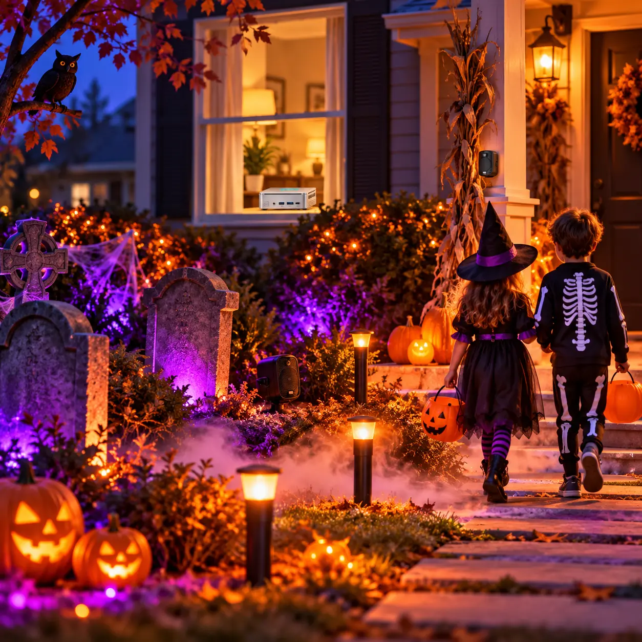 Motion-Triggered Halloween Graveyard with Home Assistant Trick-or-treaters walking past purple-lit tombstones, glowing pumpkins, and fog, with a porch motion sensor and TurnKey Node in the window.