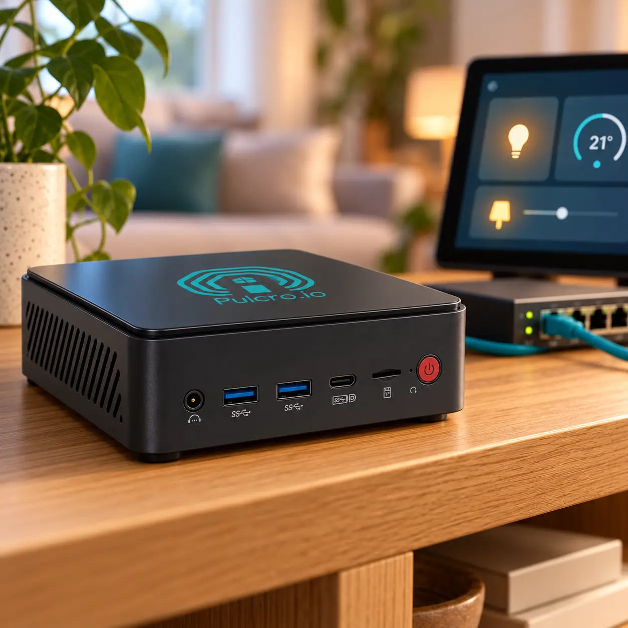 Black Pulcro mini PC beside an Ethernet network switch and a tablet displaying a smart home dashboard.