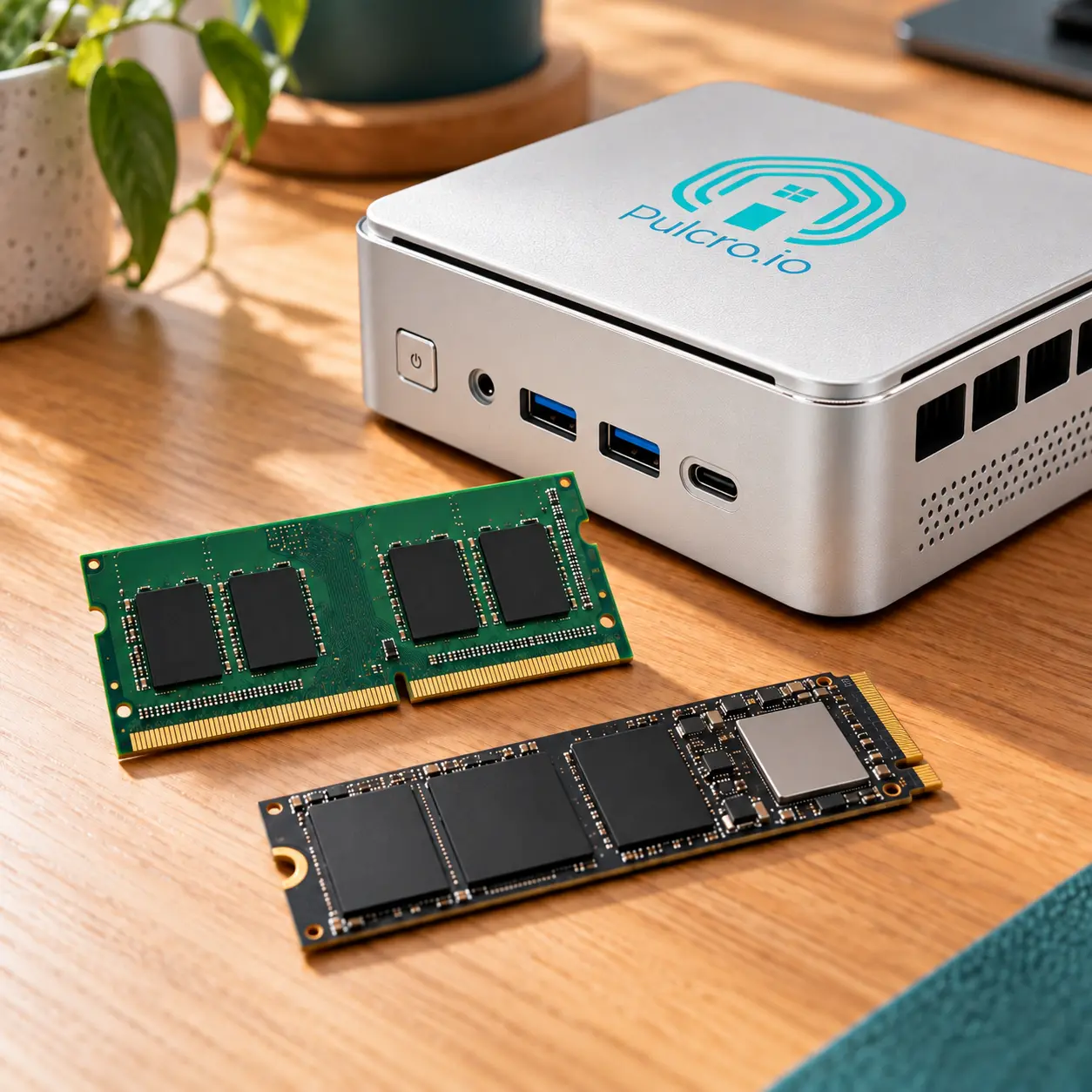 Silver Pulcro TurnKey Node mini PC beside a SO-DIMM RAM module and M.2 SSD on a wooden desk.