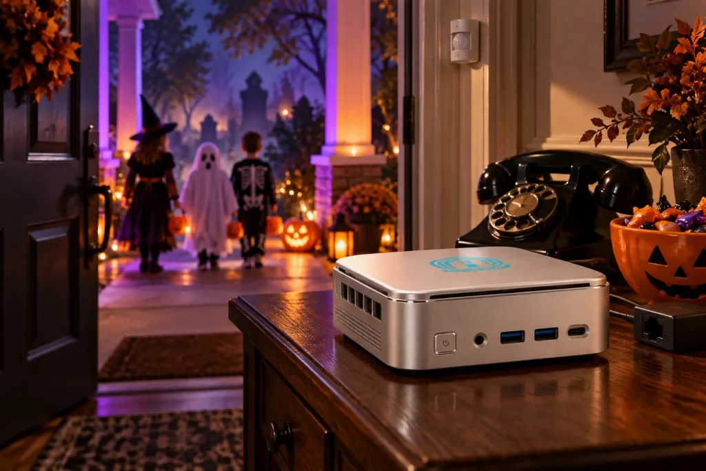 Home Assistant Halloween: 5 Spooky Automations for Your Home Pulcro TurnKey Node mini PC beside a rotary phone and pumpkin candy bowl, with trick-or-treaters outside a purple-lit porch.