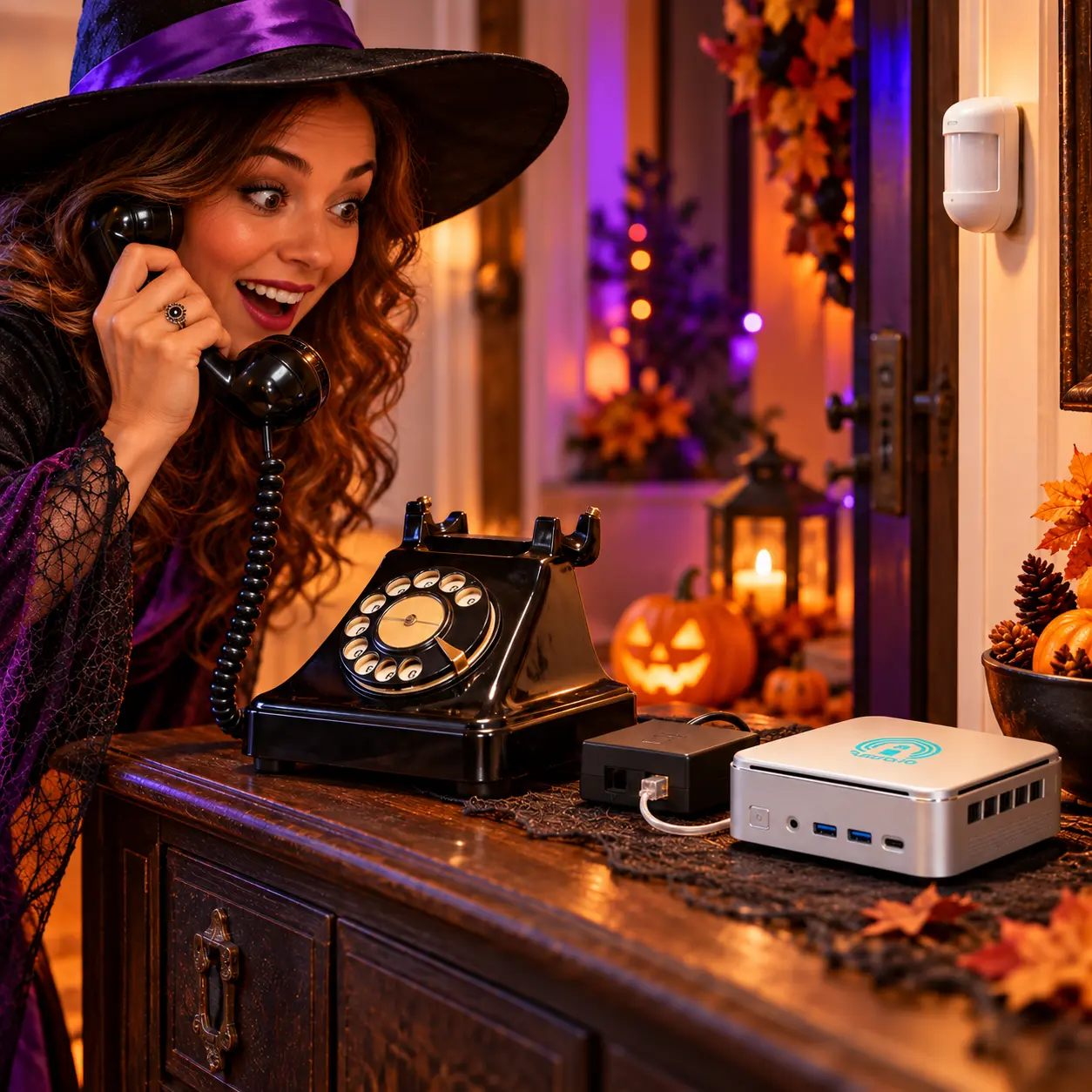 Haunted Rotary Phone Halloween Automation with Home Assistant Surprised woman in a witch costume listening to a black rotary phone beside a Pulcro TurnKey Node mini PC and Halloween decorations.