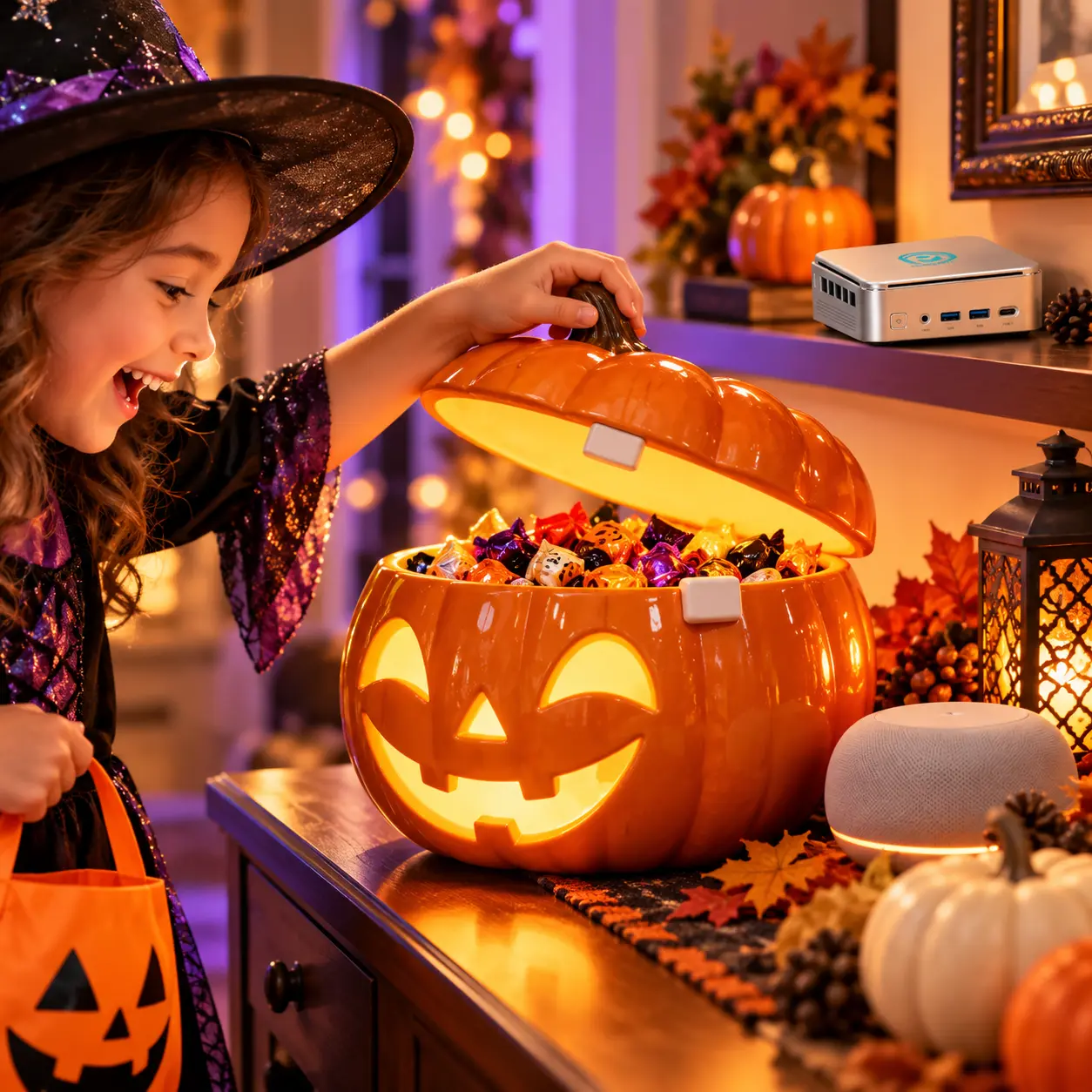 Talking Pumpkin Candy Bowl with Home Assistant Child dressed as a witch opening a glowing pumpkin candy bowl with a contact sensor, beside a speaker and Pulcro TurnKey Node mini PC.