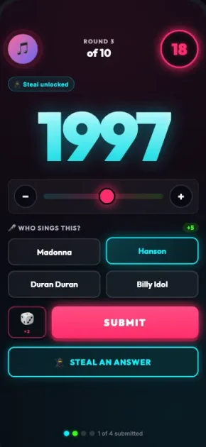 Guess the Song Year With Beatify Beatify phone interface showing a release-year slider, artist choices and Submit button