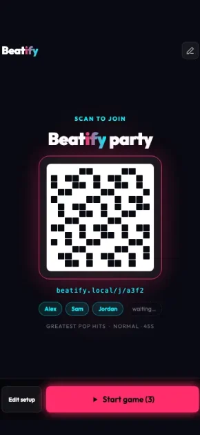 Beatify Home Assistant Music Quiz Lobby Beatify game lobby showing a QR code, three joined players and a Start Game button