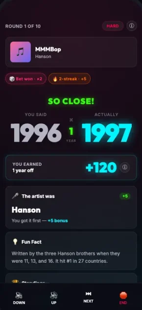 Beatify Music Quiz Answer Reveal Beatify answer reveal comparing a 1996 guess with the 1997 release year of Hanson’s MMMBop