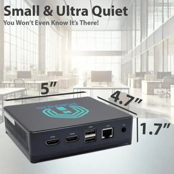 Pulcro TurnKey Mini PC dimensions: 5 x 4.7 x 1.7 inches, ultra-quiet operation in a modern office environment.