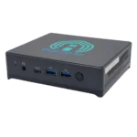 Pulcro.io Mini PC - Front Connectivity Pulcro.io Mini PC front view highlighting connectivity ports and sleek design.