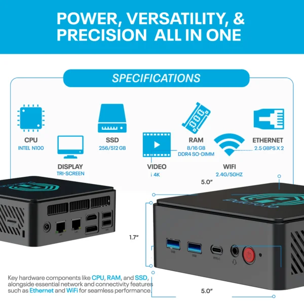 Specifications of Pulcro TurnKey Two Mini PC with Intel N100 CPU, dual LAN, and triple display support.