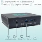 Pulcro TurnKey Mini PC front view featuring USB, Type-C, audio, power button, and display port compatibility for 3 displays at 60 Hz.