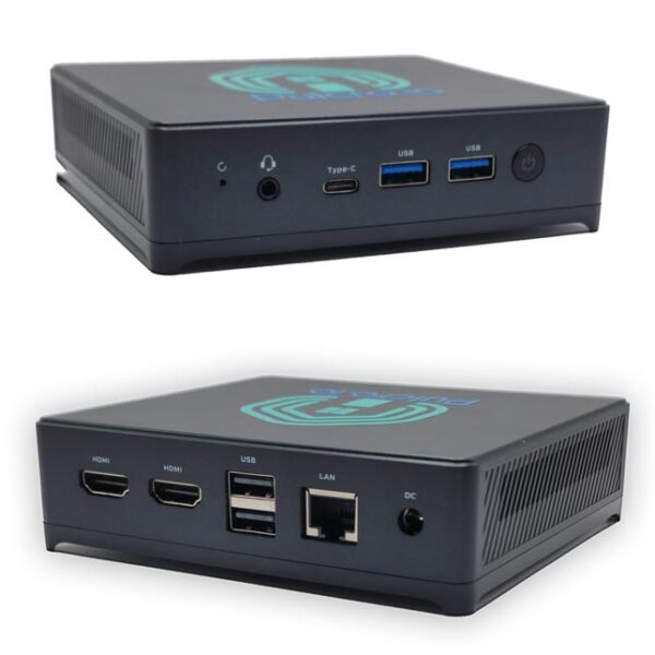 Pulcro TurnKey Mini PC front and rear views featuring USB, Type-C, HDMI, LAN, and power ports.