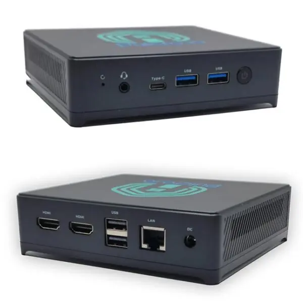 Pulcro TurnKey Mini PC front and rear views featuring USB, Type-C, HDMI, LAN, and power ports.