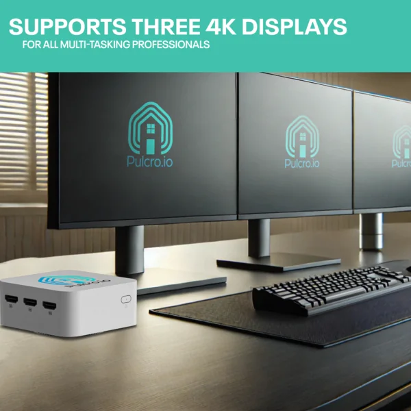 Pulcro TurnKey QBE Mini PC powering three 4K monitors for multitasking professionals