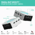 Pulcro TurnKey QBE Mini PC showcasing its multiple ports, including HDMI, USB, Ethernet, and 3.5mm audio.