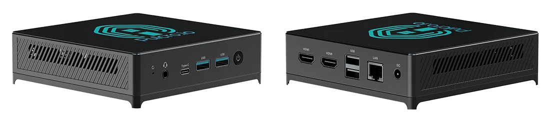 Pulcro TurnKey Two Mini PC front and rear views showcasing USB, Type-C, HDMI, and LAN ports.