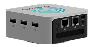 Rear view of Pulcro TurnKey QBE Mini PC featuring dual LAN ports, three USB ports, and triple HDMI