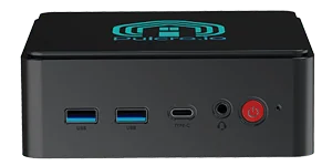 Front view of Pulcro TurnKey Two Mini PC with USB, Type-C, audio port, and power button