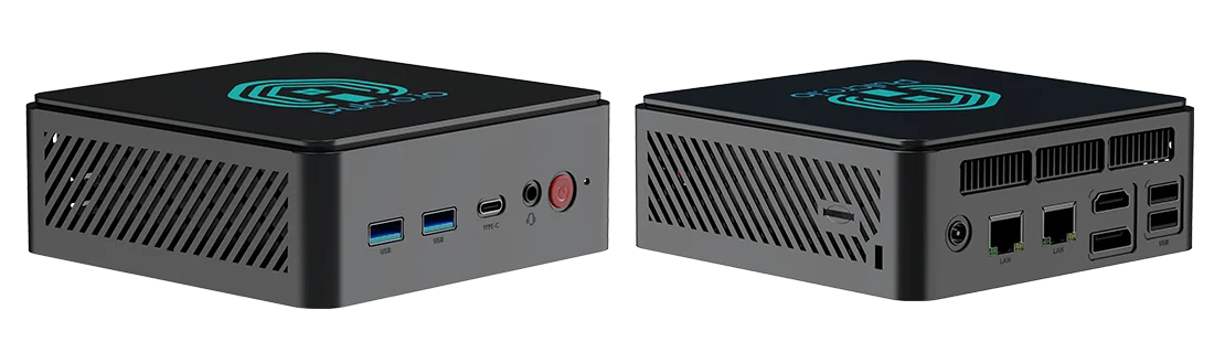 Pulcro TurnKey Two Mini PC front and rear views showing USB, Type-C, HDMI, LAN ports, and SD card reader.