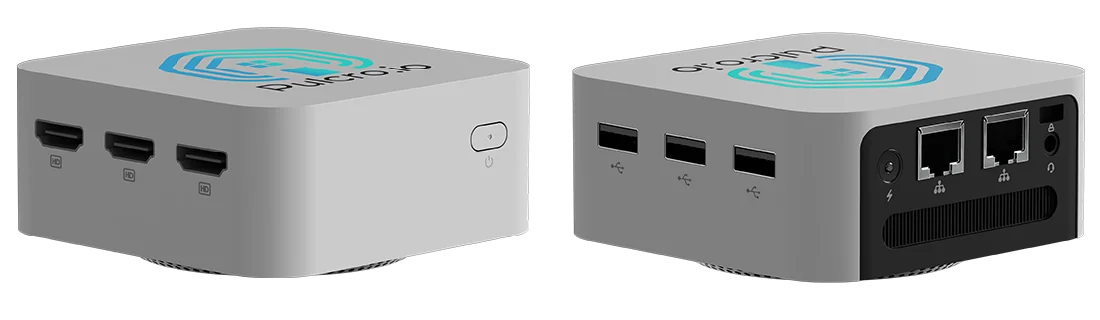 Pulcro TurnKey QBE Mini PC front and rear views with HDMI, USB, and dual LAN ports.