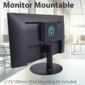 Pulcro TurnKey Mini PC mounted on the back of a monitor using a VESA mounting kit.