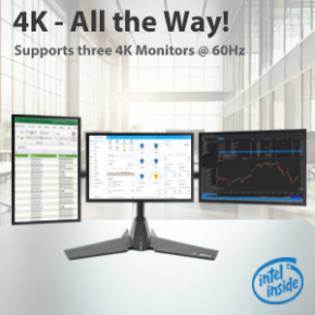 Pulcro TurnKey Mini PC supports three 4K monitors at 60Hz, enhancing productivity in a modern office setup.