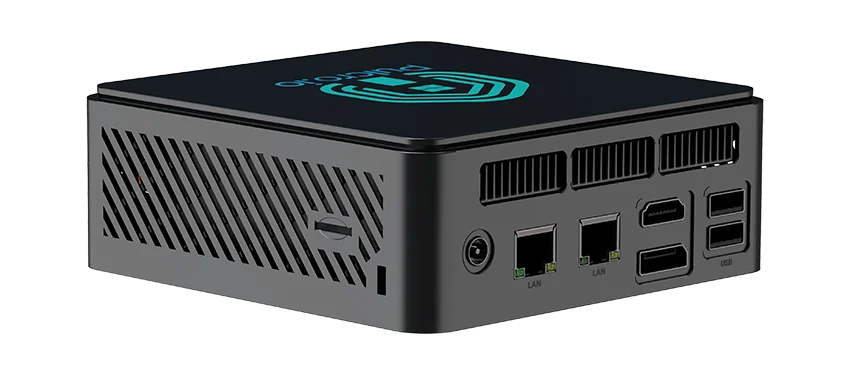 Rear view of the Pulcro TurnKey Two Mini PC showing dual LAN ports, USB, HDMI, and SD card reader