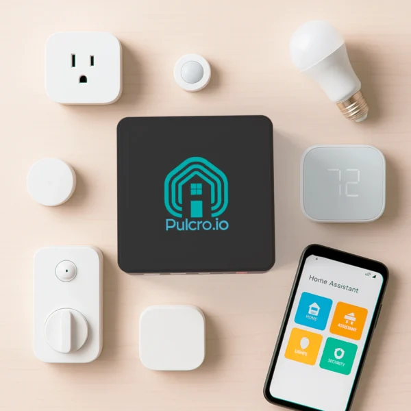 Pulcro TurnKey Two Mini PC surrounded by smart home devices and smartphone running Home Assistant app.