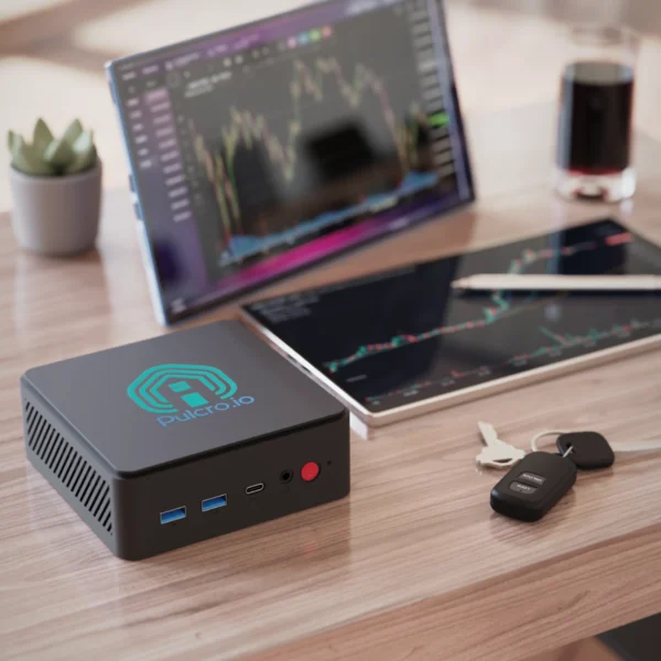 Black Pulcro TurnKey Two Mini PC next to charts on tablet and trading monitor, with keys on desk.