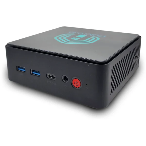 Pulcro TurnKey Two Mini PC front view showing USB ports, USB-C, headphone jack, and power button.