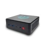 Pulcro TurnKey Two Mini PC – Front View with USB, USB-C, and Power Button Pulcro TurnKey Two Mini PC front view showing USB ports, USB-C, headphone jack, and power button.