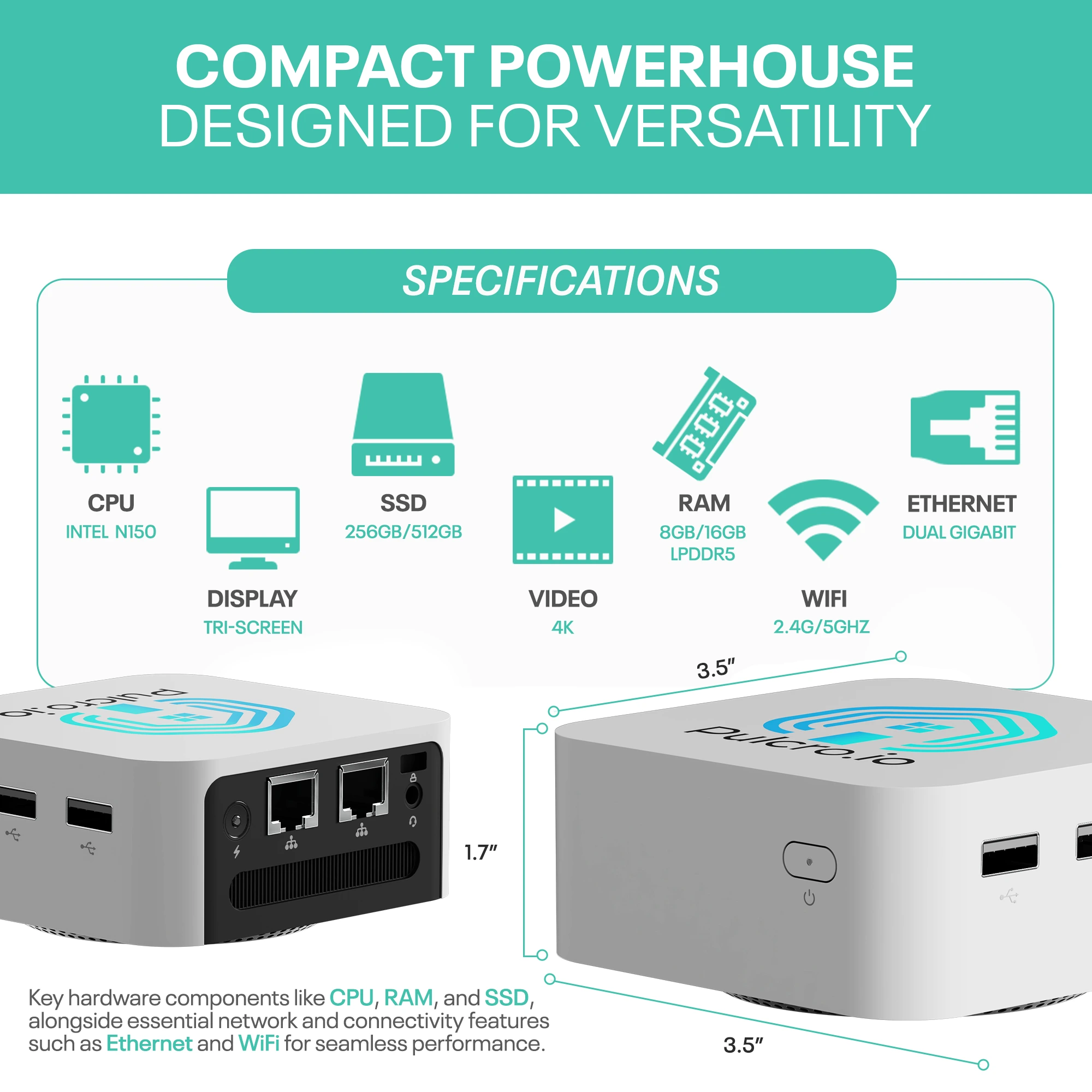 Pulcro.io TurnKey QBE Mini PC specifications showing Intel N150 CPU, up to 16GB LPDDR5 RAM, SSD options, dual Gigabit Ethernet, WiFi, and compact dimensions.