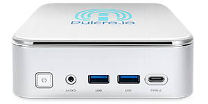 TK-Node-Front_Image Pulcro TurnKey Node Mini PC front panel with power button, 3.5mm audio jack, dual USB-A ports, and USB-C port in a compact aluminum chassis.