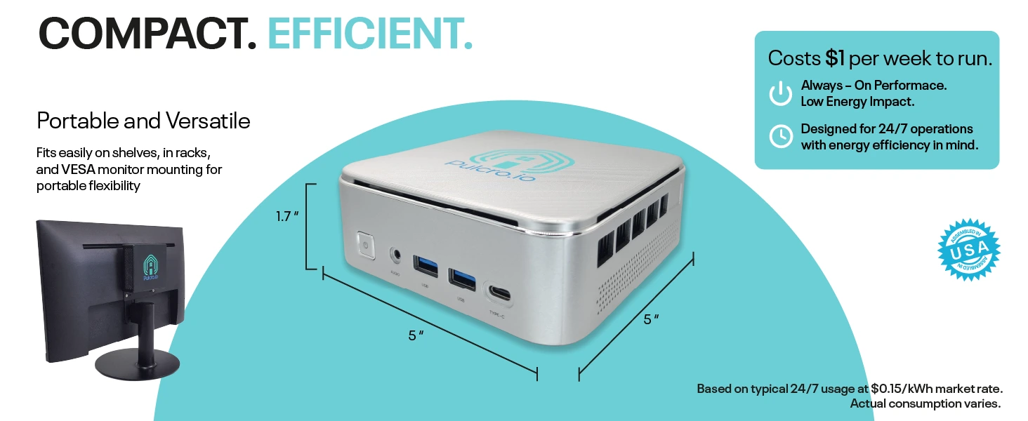 TKNodeDesktop 3 Pulcro.io TurnKey Node compact Mini PC server with 5-inch footprint, VESA mount support, and energy-efficient 24/7 operation ideal for home servers, automation hubs, and edge computing.