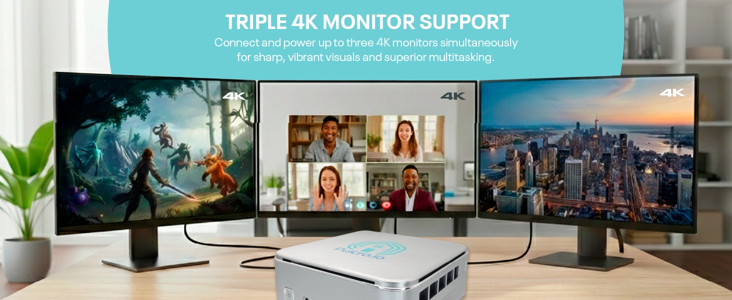 TKNodeDesktop 4 Pulcro.io TurnKey Node Mini PC supporting triple 4K monitors for multitasking, video conferencing, media streaming, and productivity workflows.
